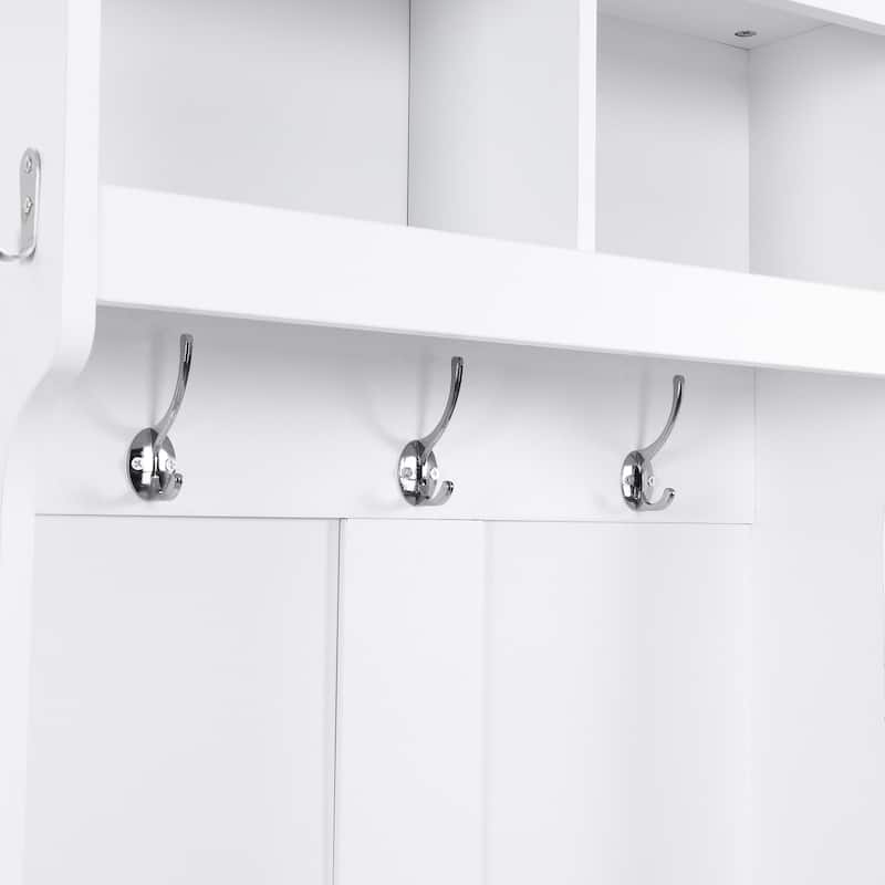 Modern White Hall Tree Entryway Storage Cabinet with Bench Shelves and Hooks for Small Spaces - 23.6''W x 15.7''D x 78.7''H
