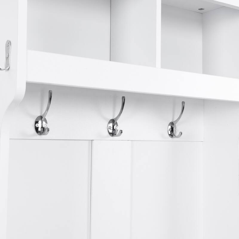 Roomfitters Minimalist Slim Hall Tree with Cabinet, Modern Storage Bench with Coat Rack and 6 Hooks for Mudroom