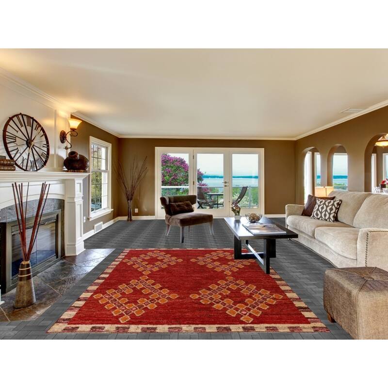 Red Geometric Moroccan Oriental Area Rug Handmade Tribal Wool Carpet - 6'7" x 9'10"