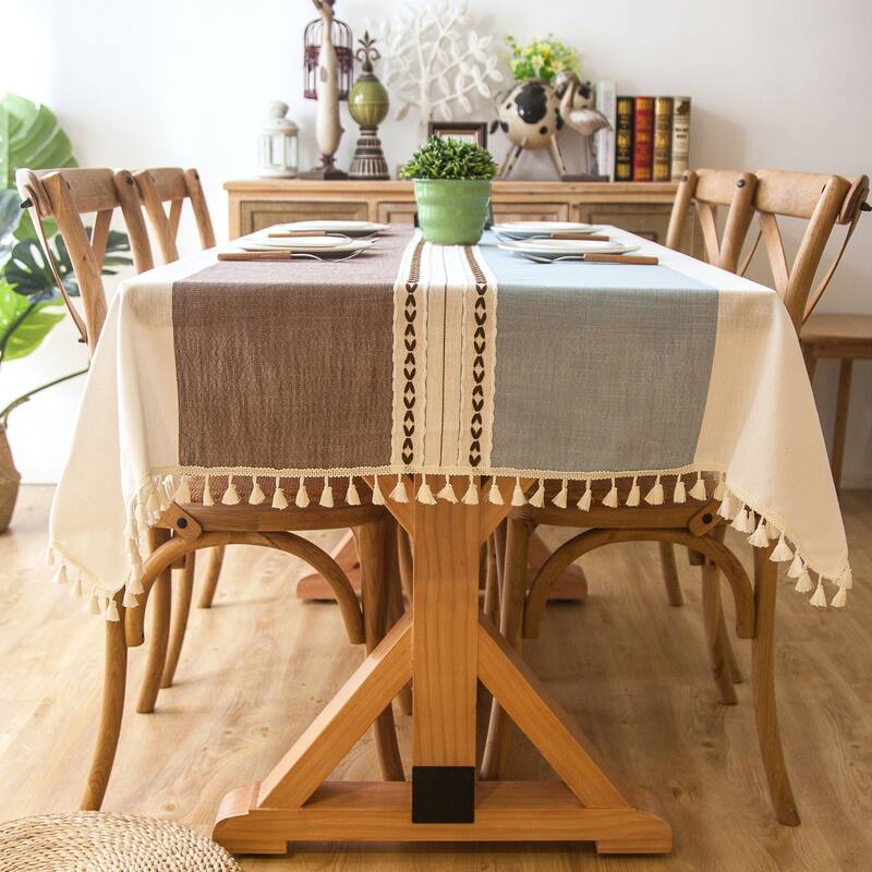 Enova Home 54"x 78" High Quality Rectangle Cotton and Linen Tablecloth with Tassels