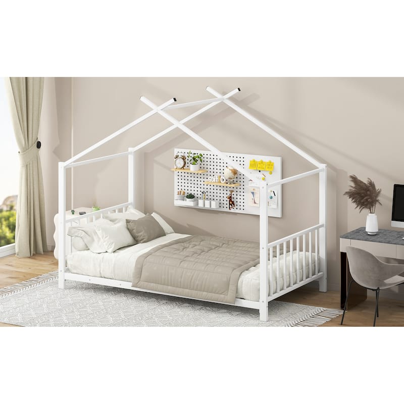 Twin Size Metal House Platform Bed, White