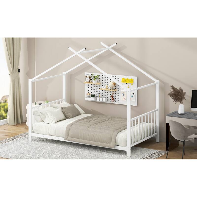 Twin Size Metal House Platform Bed with Roof Design, House Bed with Slats Support for Kids Teens