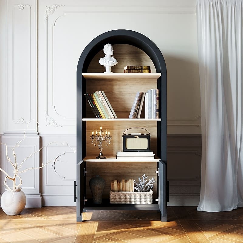 66.70 inch Tall Arched Bookcase with Storage, Mid-Century Modern 3-Tier Arched Cabinet with Door - Black