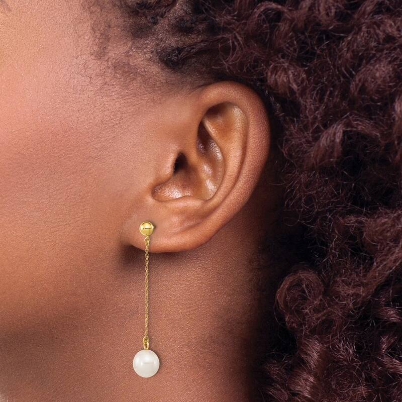 Curata 10k Yellow Gold 7-8mm White Round Freshwater Cultured Pearl Dangle Post Earrings
