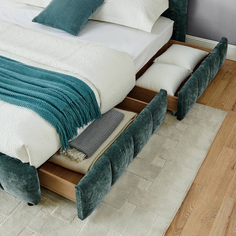 Chenille fabric Upholstered Bed with 4 drawers