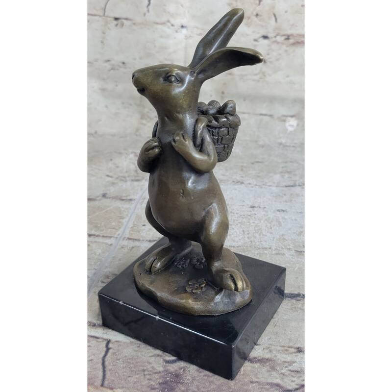 Signed Original Milo Bunny W. Basket Of Flower Bronze Art Decor Sculpture Figure