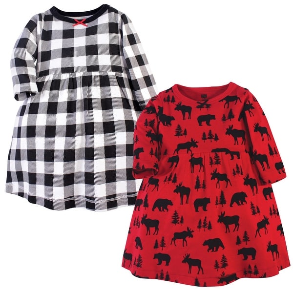 slide 1 of 1, Hudson Baby Infant and Baby Girl Cotton Long-Sleeve Dresses 2pk, Red Moose Bear 0-3 Months - Red Moose Bear