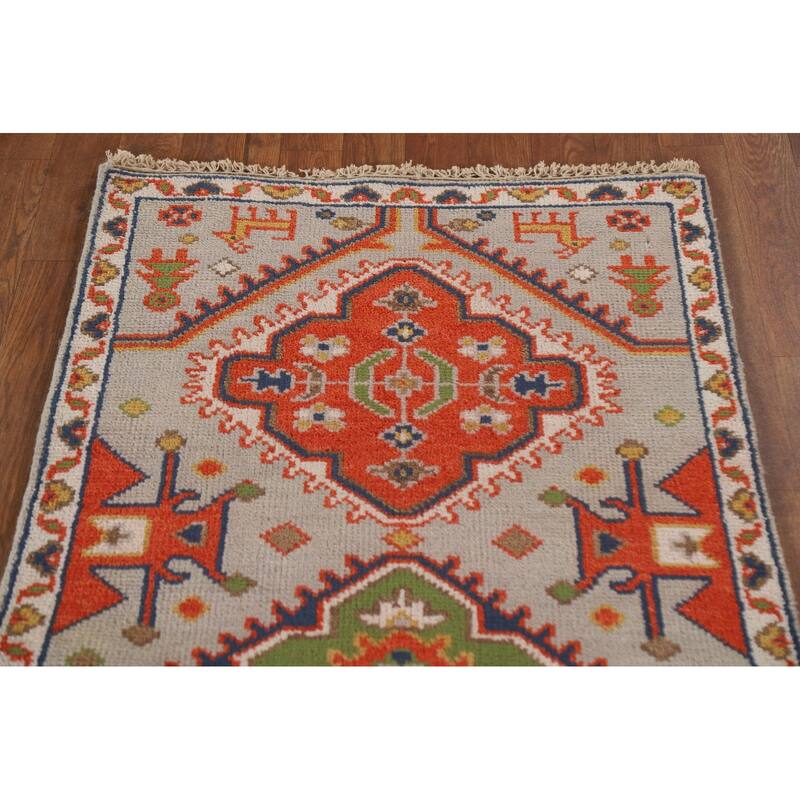 Geometric Green Kazak Indian Runner Rug Handmade Wool Carpet - 2'7"x 9'1"