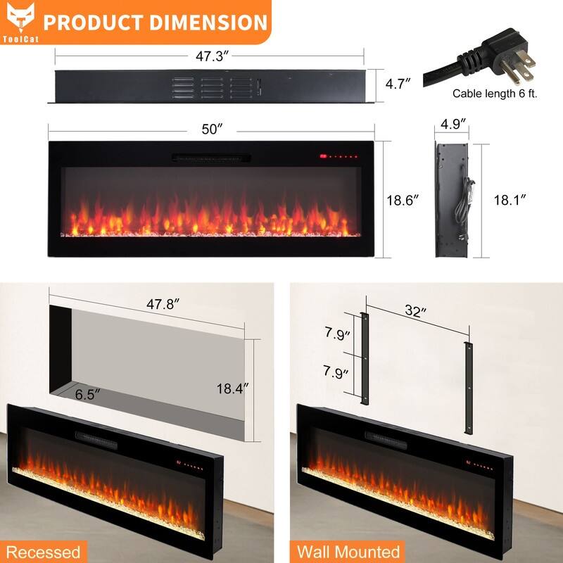 50/60 in. Smart WiFi-Enabled Wall Mount & Recessed Electric Fireplace Heaters in Black, 1400W/5000BTU