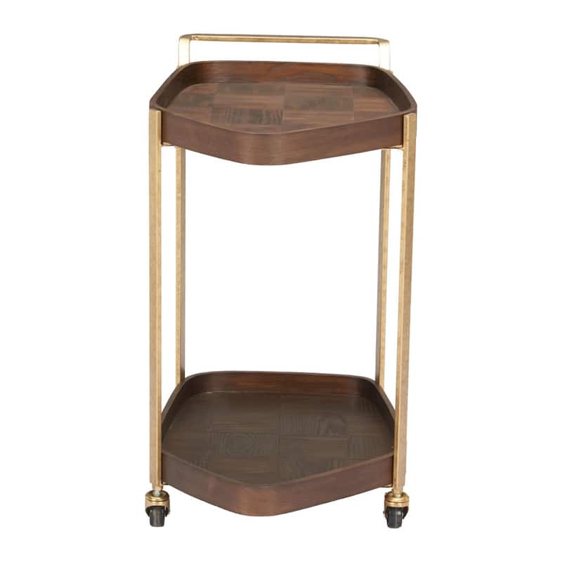 HomeRoots 27" Walnut And Brass Wood and Steel Rolling Bar Cart - 27.00 in. x 26.80 in. x 18.00 in.