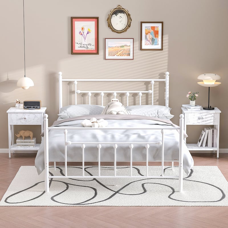 Javlergo 3-Pieces White Bedroom Set with Platform Bed Frame and 2 Nightstands - White - Queen