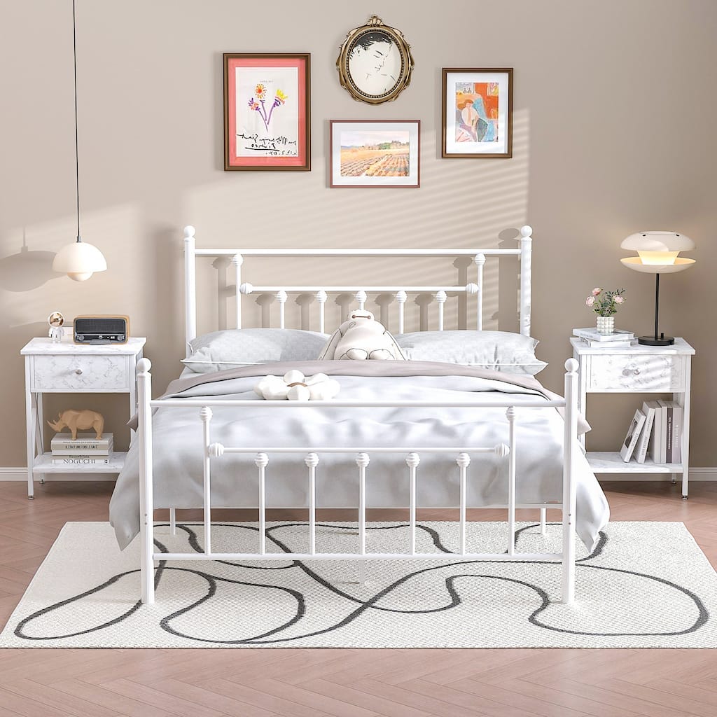 Javlergo 3-Pieces White Bedroom Set with Platform Bed Frame and 2 Nightstands