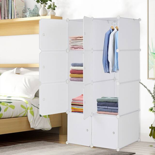 8/12/16/20 Cube Organizer Stackable Plastic Cube Storage Closet Cabinet with Hanging Rod White - 8 Cube