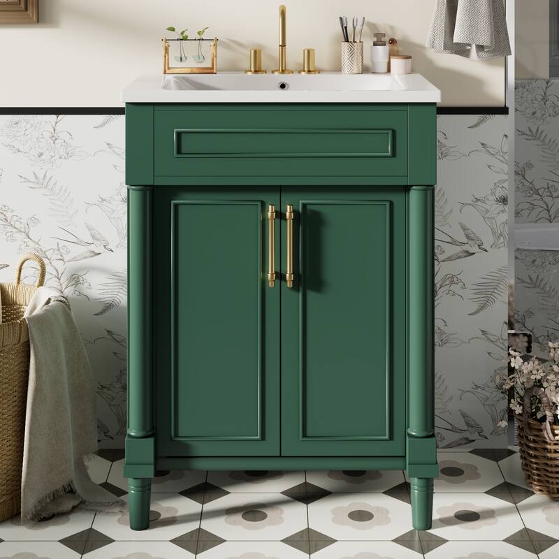 Elegant Bathroom Vanity Freestanding Storage Cabinet with Sink, 2 Doors, Gold Handles and Adjustable Interior Shelf - Green