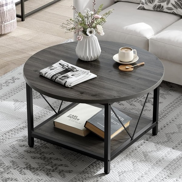 slide 2 of 6, Moasis Industrial 2-Tier Round Coffee Table with Shelf Grey