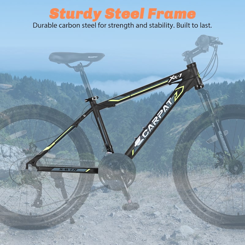 24 Inch Steel Frame, Mountain Cycling Bike Shimano 21 Speed Road Commuting Bicycle with Daul Disc Brakes and Front Suspension