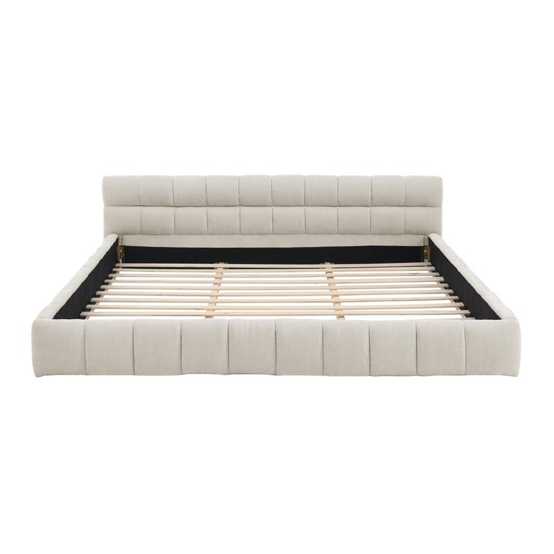 California King Size Chenille Fabric Bed Frame, Upholstered Grounded Platform Bed with Headboard, No Box Spring Needed