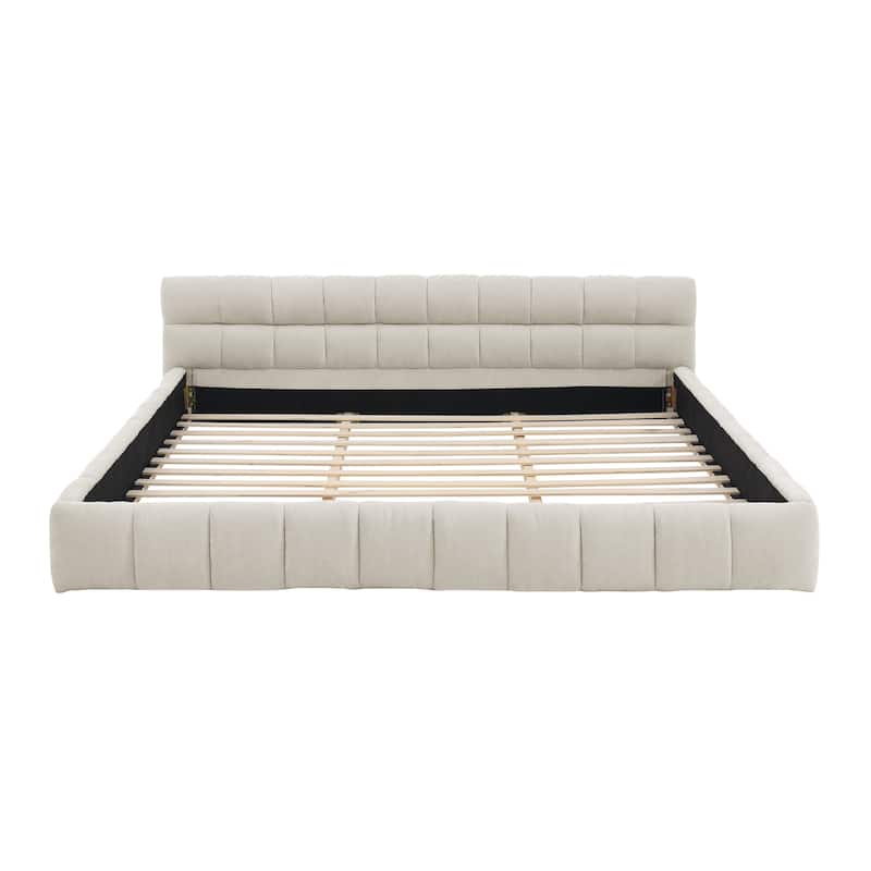Upholstered Beige Platform Bed Frame with Headboard