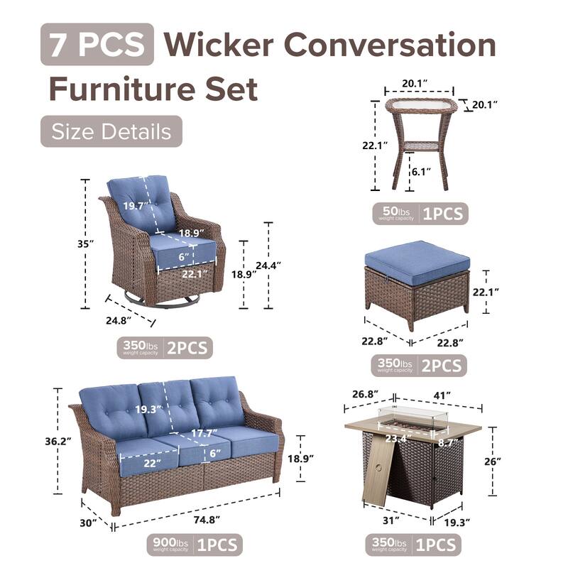 Gymojoy Wicker Patio Furniture Sofa Set with Fire Pit Table, 6-Inch Ultra Thick Cushioned 360° Swivel Glider Chairs