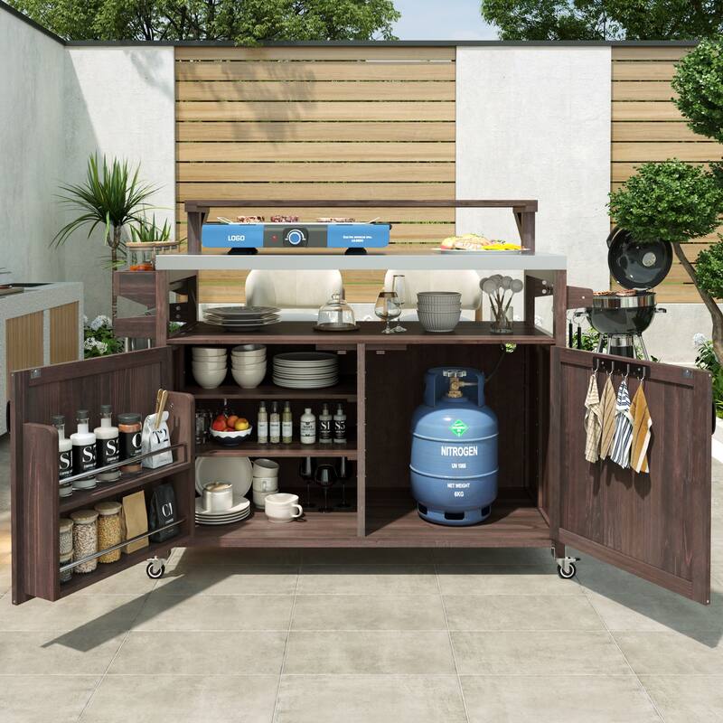 53.3" Outdoor Solid Wood Kitchen Island with Stainless Steel Top, Raised Shelf, Spice Rack & Adjustable Shelf