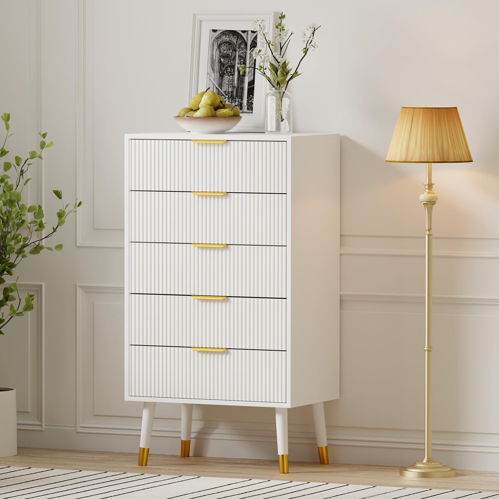 5 Drawer Fluted Dresser for Bedroom, Modern Wooden Storage Chest with Metal Legs and Handles