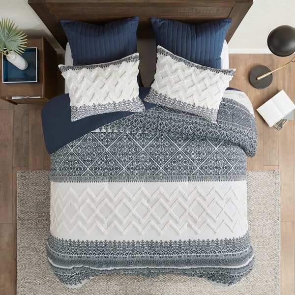 INK+IVY Mila 3 Piece Cotton Comforter Set with Chenille Tufting - Navy - Queen