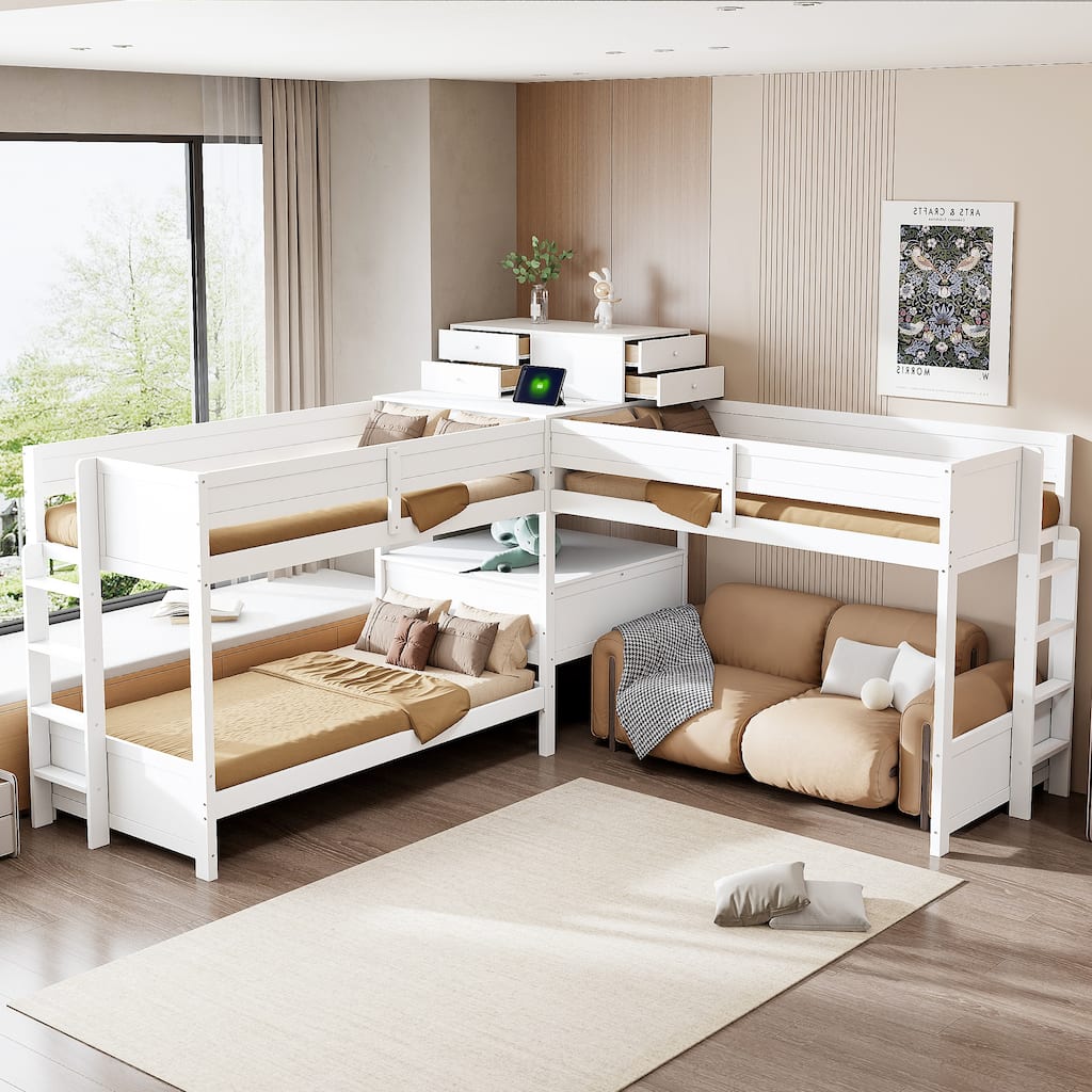 Twin Size L-Shaped Bunk Bed with Built-in Desk, 4 Drawers and Charging Station
