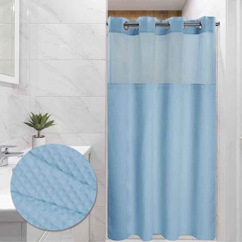Cotton Blend Honeycomb Waffle Weave Shower Curtain with Snap-in Liner