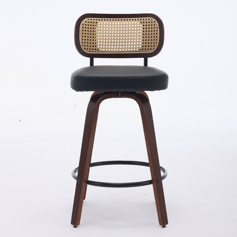 Roomfitters Rattan Counter Height Bar Stools Set of 2, 26-Inch Swivel Cane Back Kitchen Chairs with Walnut Wood Legs