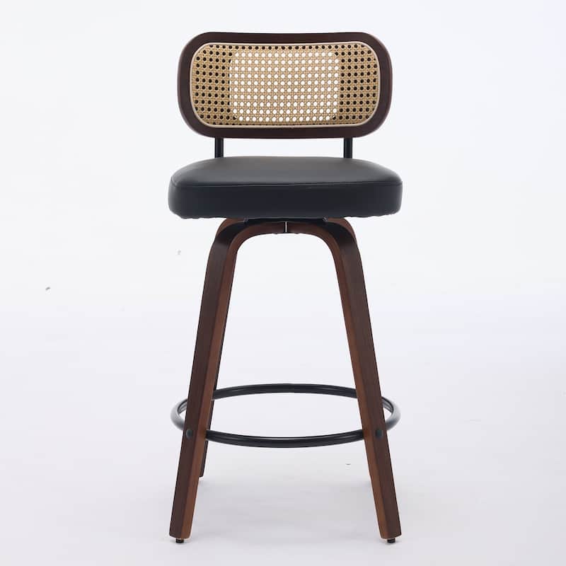 Set of 3 Counter Height Bar Stools, 26" Rattan with Cane Back & Upholstered Seat, Walnut Swivel Stools for Island