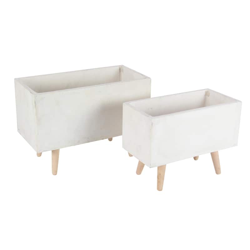 Fiberclay Ceramic Rectangular Indoor Outdoor Planter with Brown Wooden Legs - Set of 2 White - Roche River Decor - White - 21", 17"W