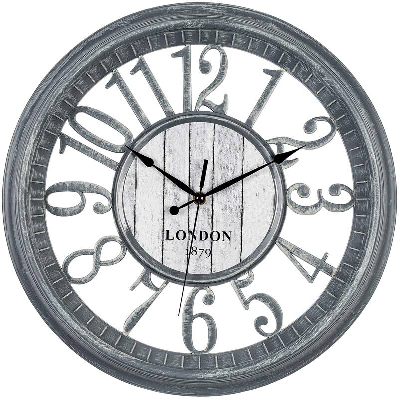 Large Wall Clock 16 Inch Gray Noiseless Battery Operated Quality Quartz Rustic Farmhouse Shabby Chic Vintage Design - Grey