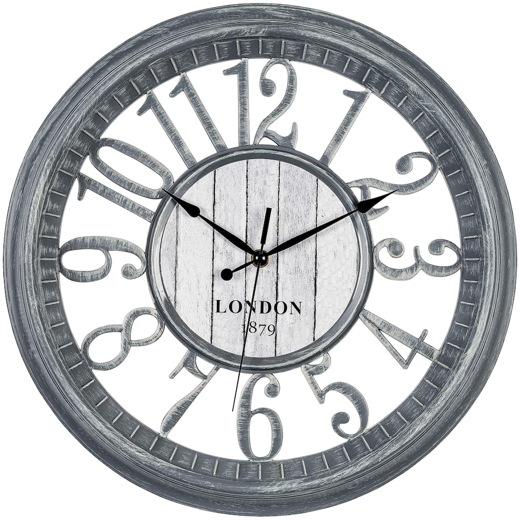 Large Wall Clock 16 Inch Gray Noiseless Battery Operated Quality Quartz Rustic Farmhouse Shabby Chic Vintage Design