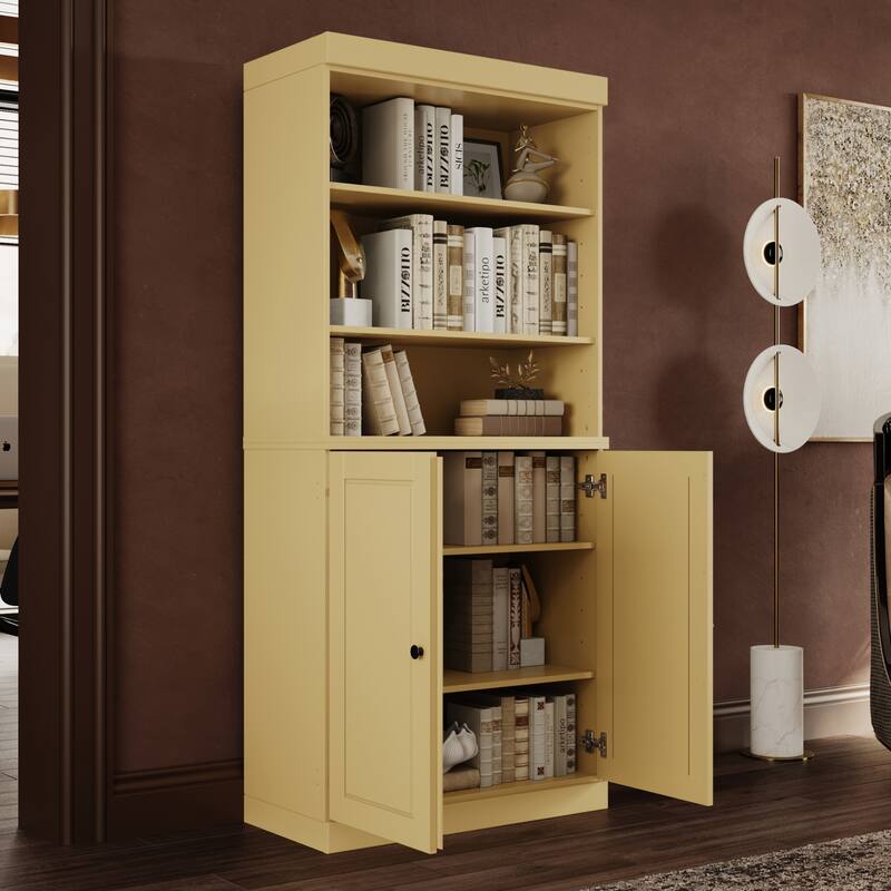 Palace Imports Solid Wood 6-Shelf Bookcase, Raised Panel Doors, Adjustable Shelves - Yellow