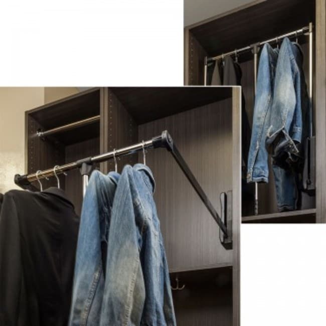 Fold down store closet rod