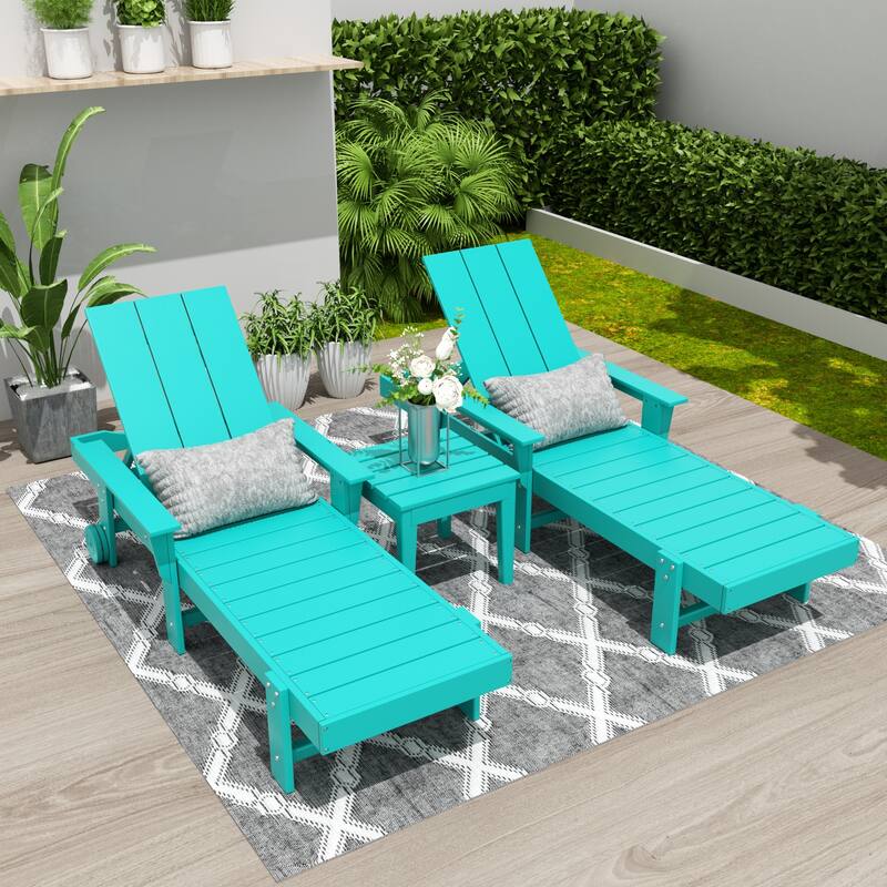Polytrends Shoreside Modern Poly Reclining Eco-friendly Chaise Lounge With Arms, Wheels, and Side Table (3-Piece Set)