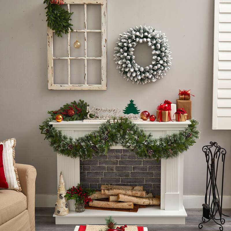 Flocked Artificial Christmas Wreath, 24-", Warm White LED Lights