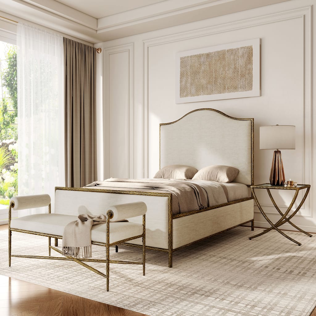 247 Shop At Home Lalia Modern 3-Piece Upholstered Hammered Metal Camelback Bedroom Set with Nightstand and Bench