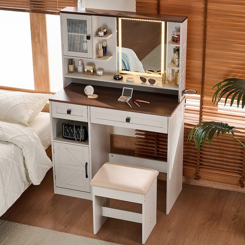 Rustic Makeup Vanity Desk with 3 Color Adjustable Touch Control Mirror, Built-in Power Outlets Dressing Table Set with Stool