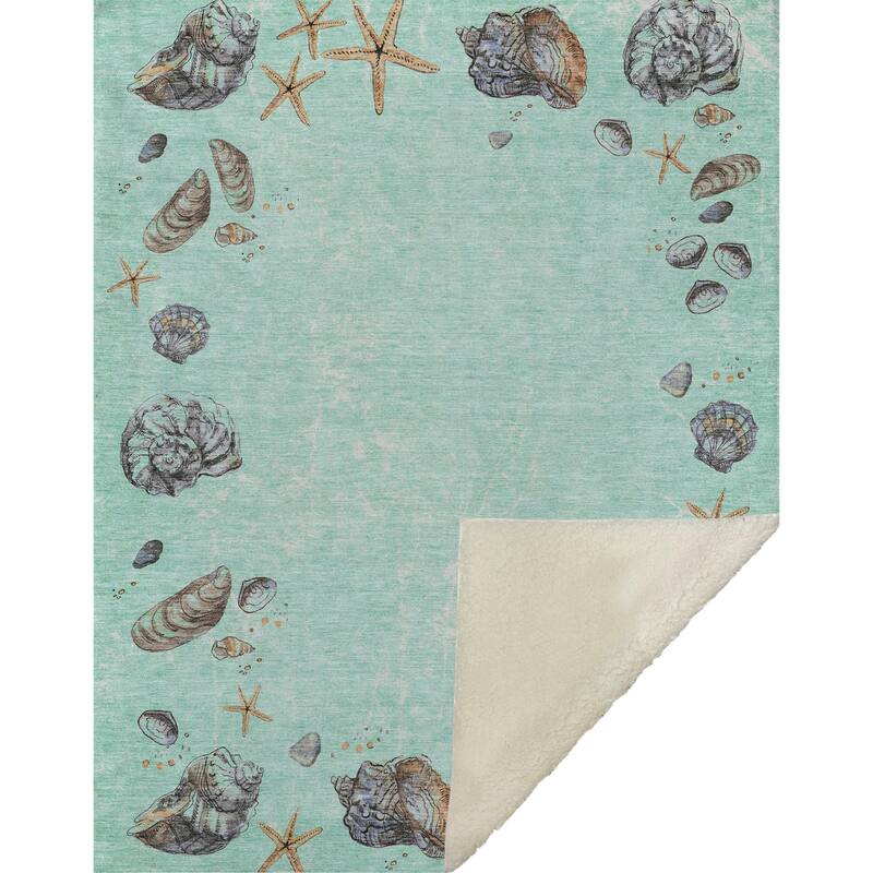 Premium Machine Washable ASB188 Seashell Border Sherpa Throw Blanket