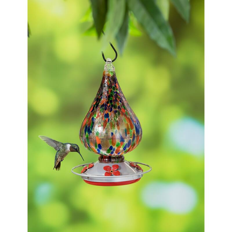 Speckled Art Glass Hummingbird Feeder with Bronze Gondola - Multi-Color