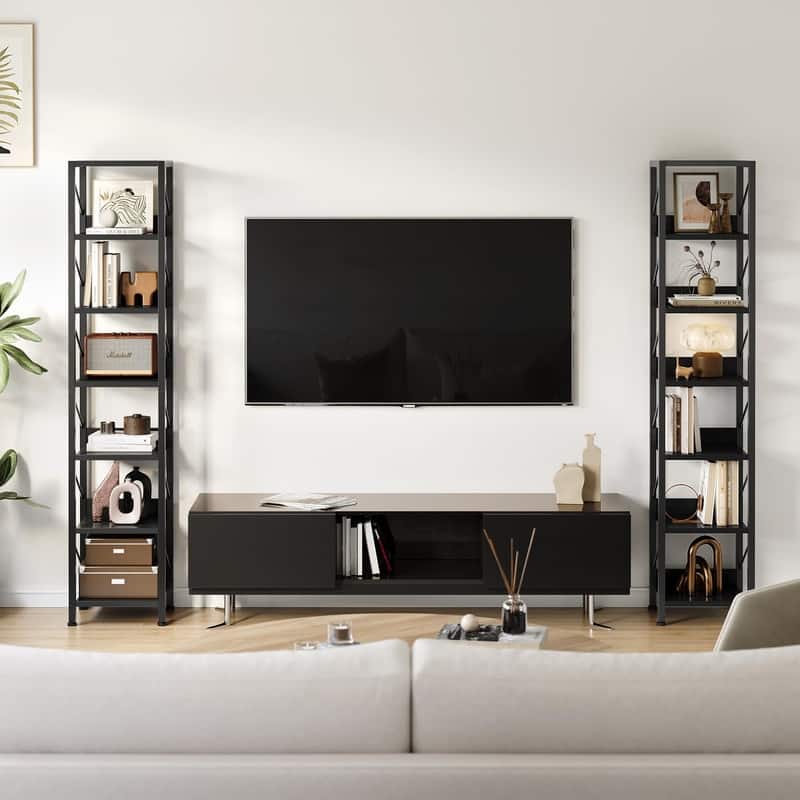 6-Tier Slim Bookshelf Tall Rustic Metal Frame Bookcase Narrow Corner Shelf