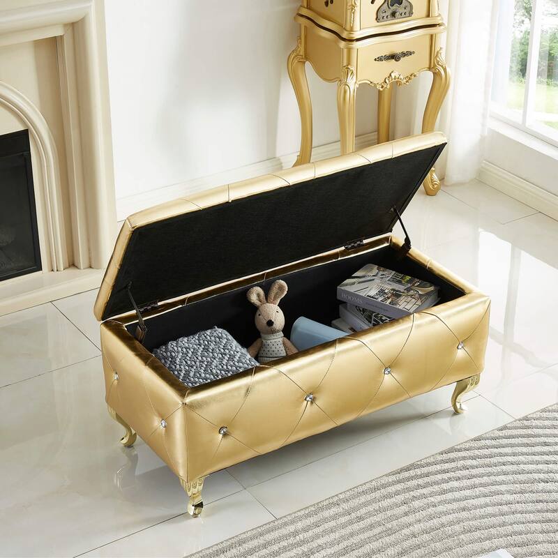 Upholstered Storage Bench Ottoman Bench with Wood Legs, Gold Leather Bench End of Bed Bench Indoor Bench - Gold