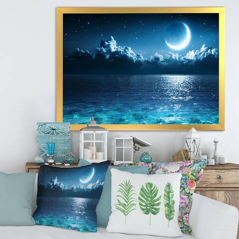 Designart 'Romantic Moon Over Deep Blue Sea I' Nautical & Coastal Framed Art Print