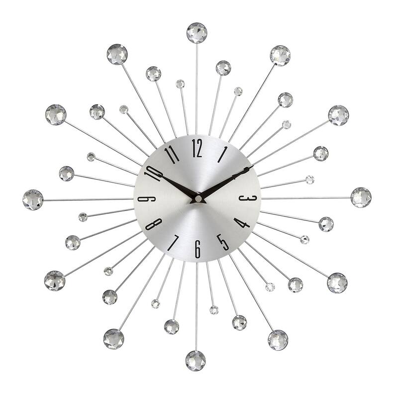 Metal Starburst Decorative Wall Clock with Crystal Accents - Gold, Brown, Silver, Copper - Roche River Decor - Silver - 15" x 2" x 15"