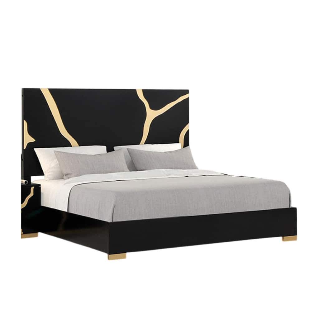 Goldie Queen Size Bed, Gold and Black Contemporary Bed, Solid Wood