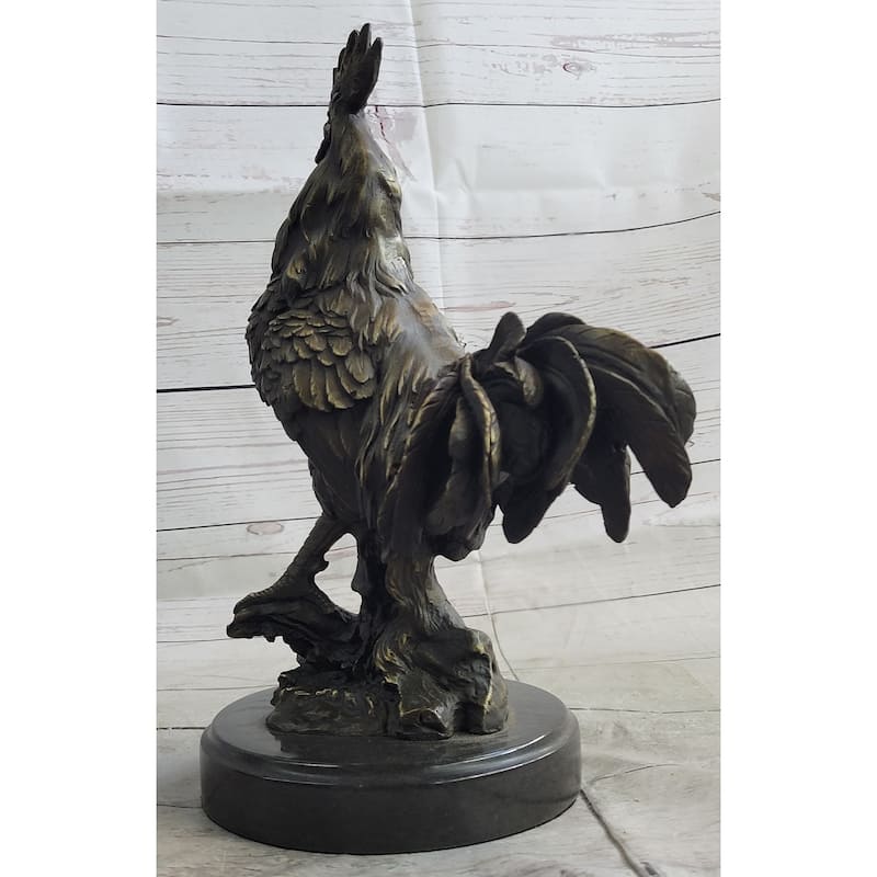 Rooster Chicken Farm Bronze Sculpture Statue Figure On Marble Base Signed Art Decor
