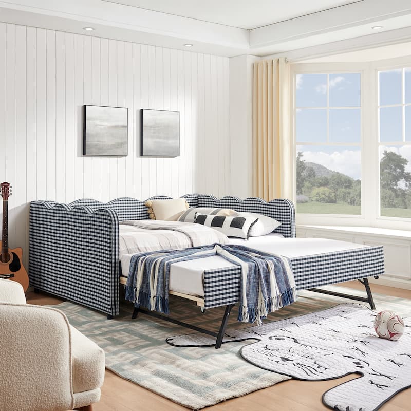 Full Size Gingham Daybed with Twin Trundle, USB Port, Wave Shaped Design & Linen Fabric - No Box Spring Needed - Blue - Full