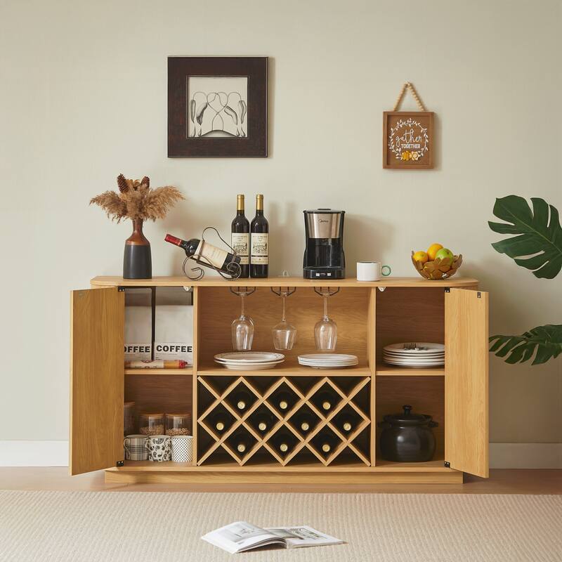 Modern Wavy Curve Sideboard-Multifunctional storage cabinet with wine rack and glassware holder - Natural