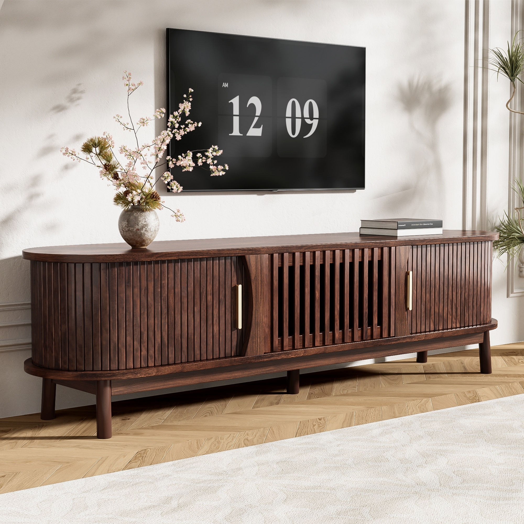 Modern Farmhouse TV Stand for 75 Inch TVs with Solid Wood Legs and Storage